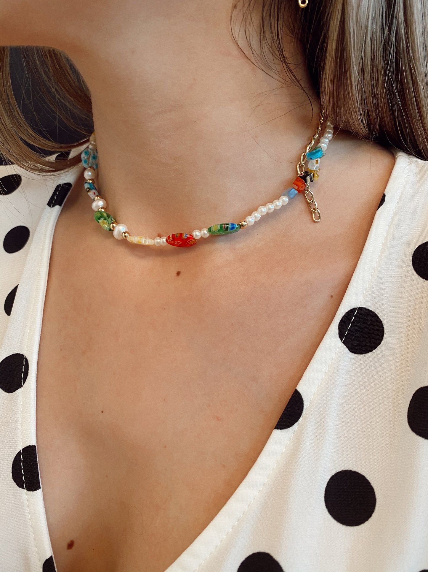 Millefiori ovals and pearls - necklace