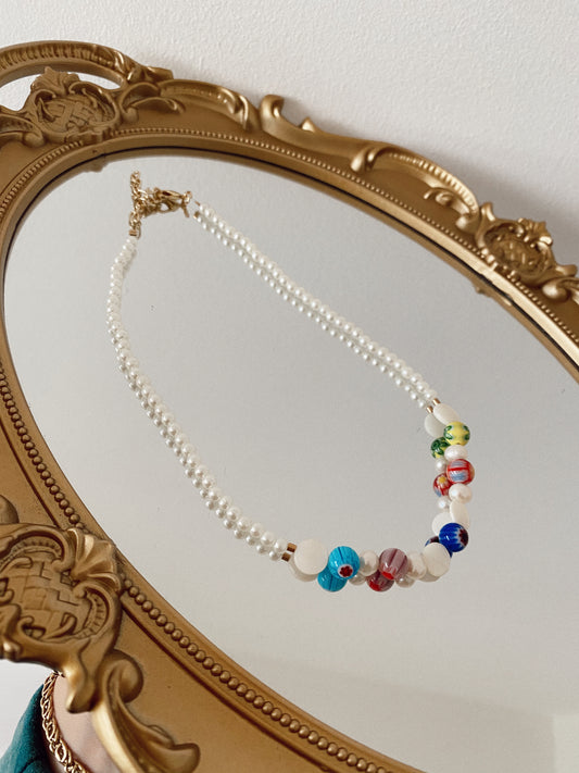 Multi plain Pearls and Millefiori necklace