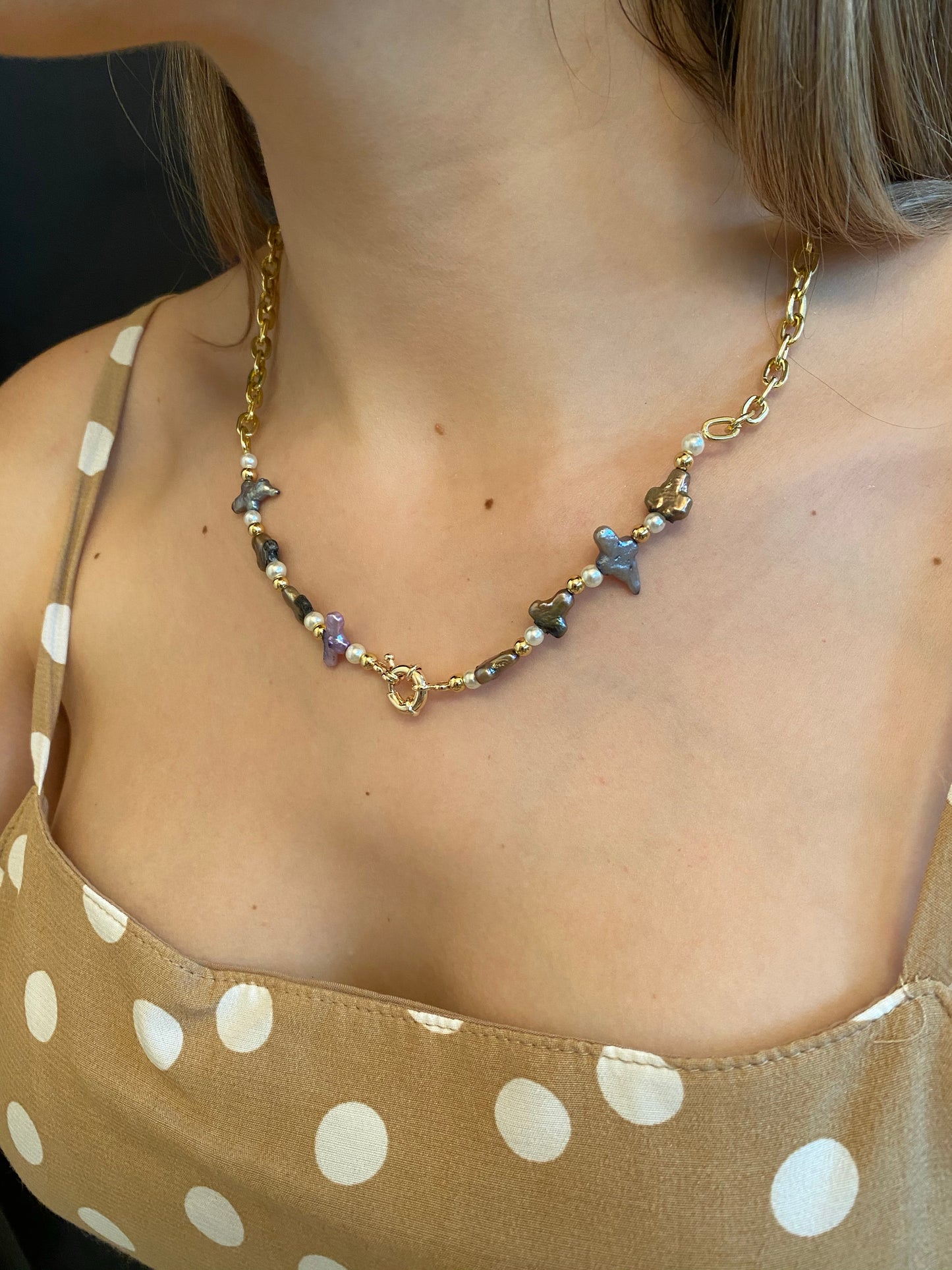 Pearls Tripe - necklace - real pearls and gold chain
