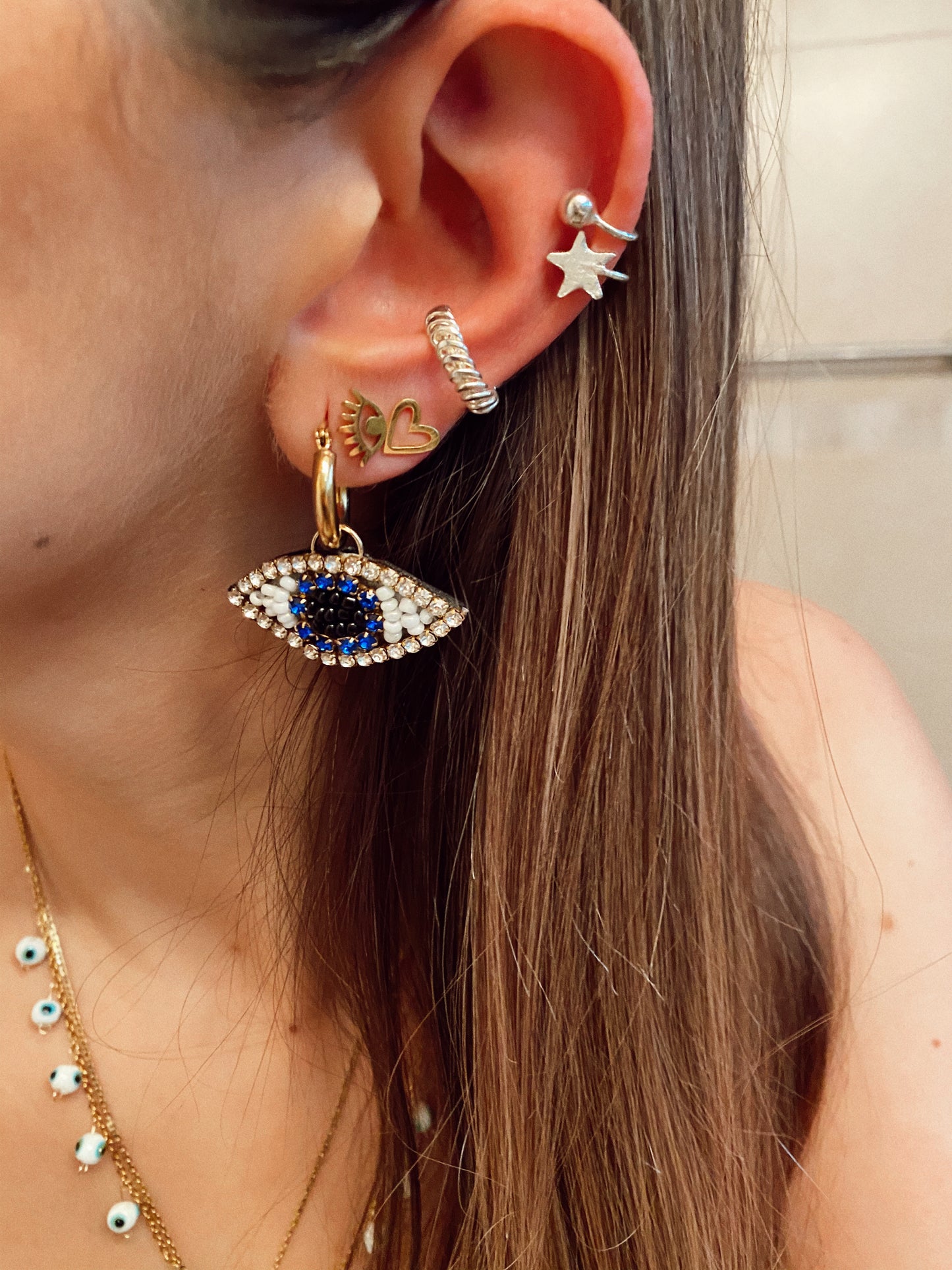 Mini crystal eye hoops - gold 24KT - and crystals