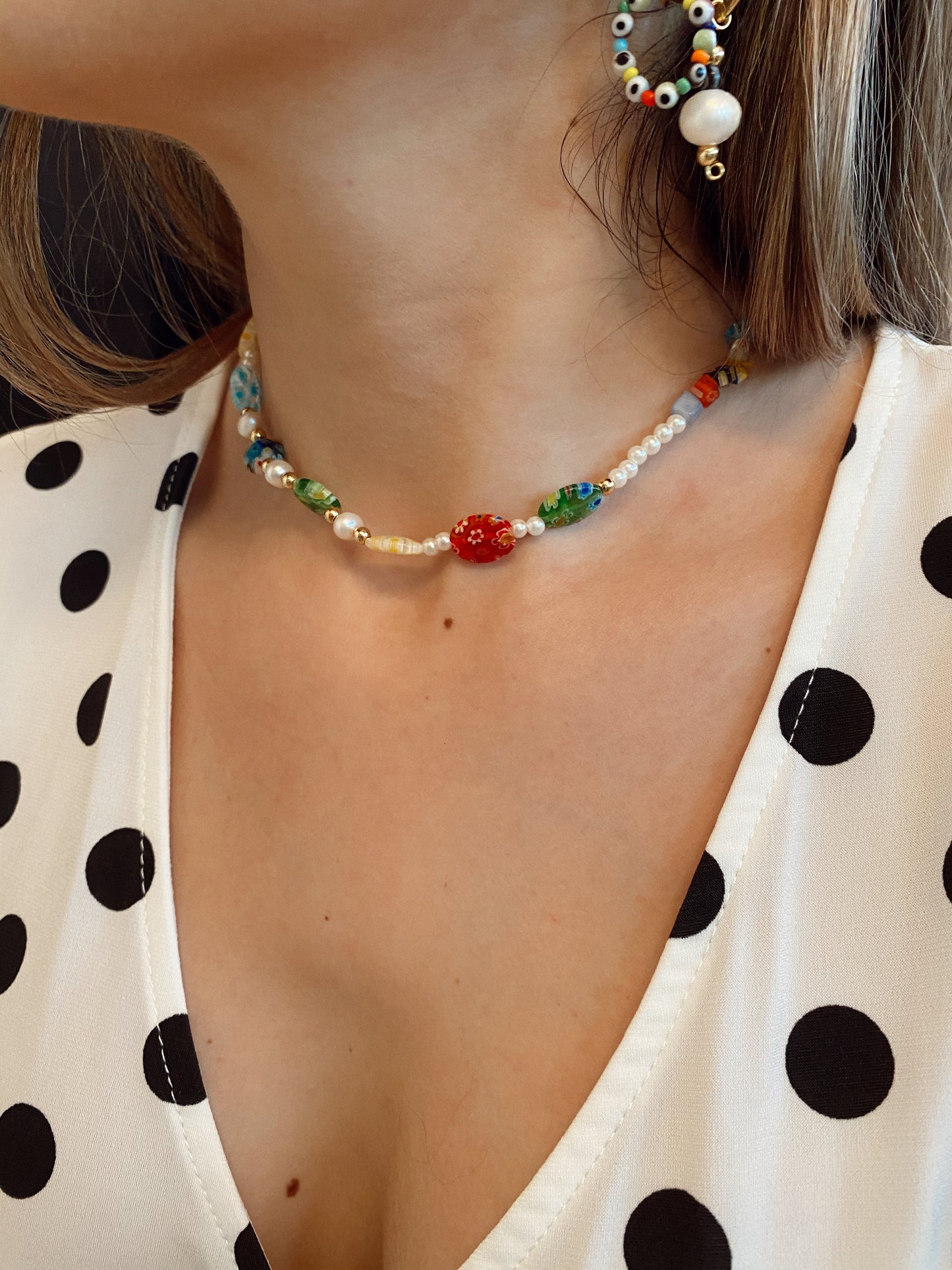Millefiori ovals and pearls - necklace